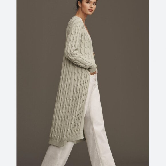 Anthropologie Ollari Extra-Long Pistachio Green Cable Cardigan Sweater Coastal S